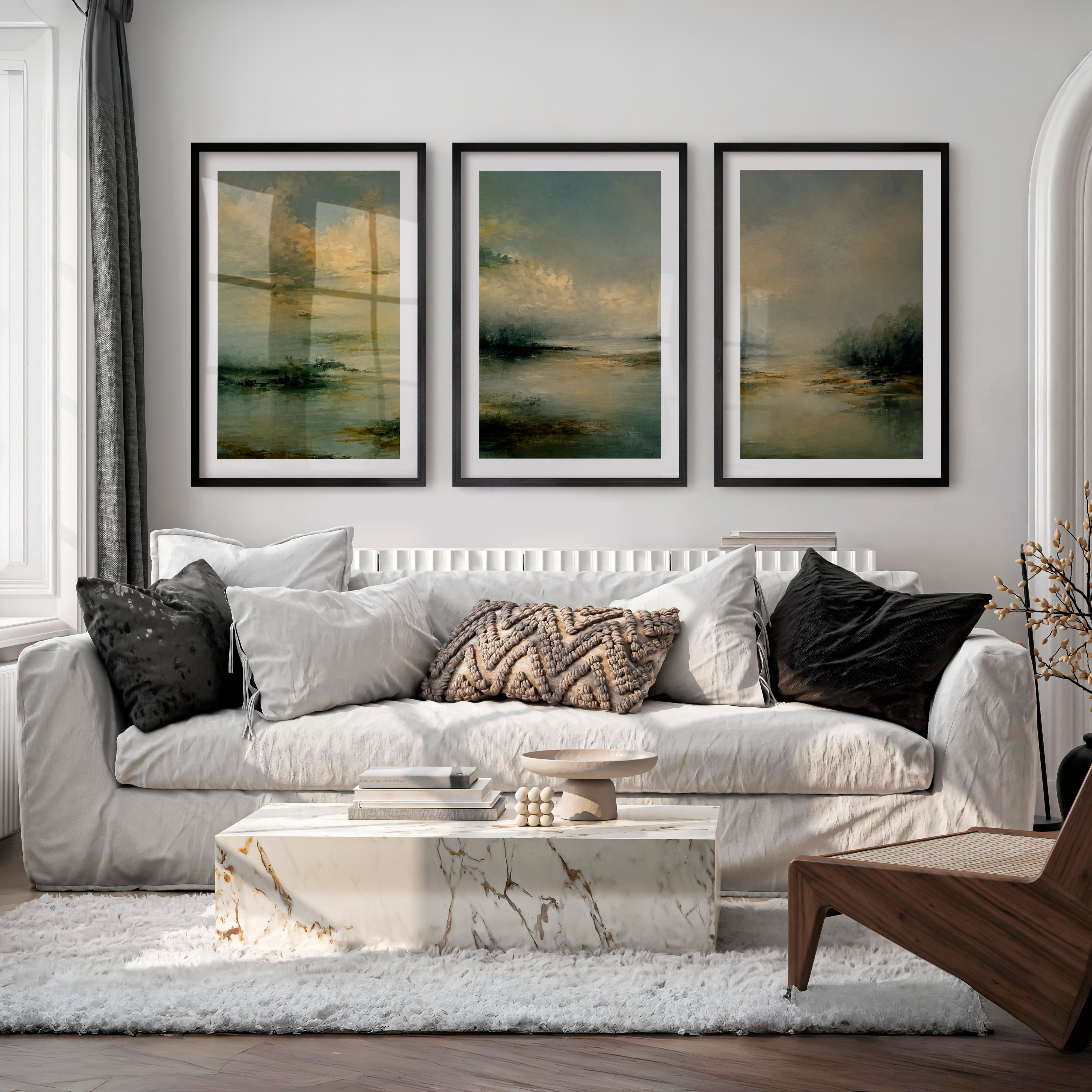 Lone Tree Lake Japandi Art Work - Black Framed Poster with White Border - Artworksets