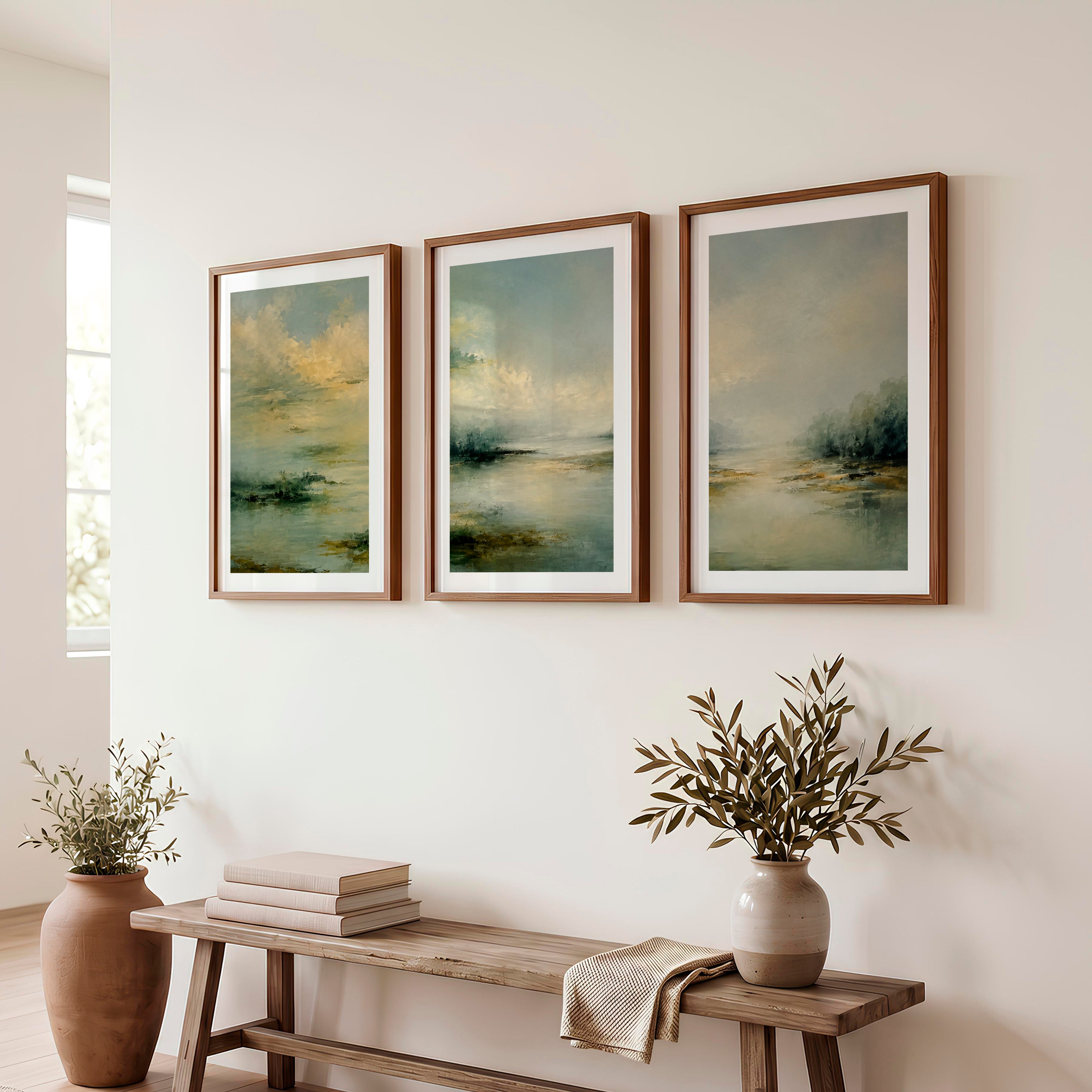 Lone Tree Lake Japandi Art Work - Dark Brown Framed Poster with White Border - Artworksets