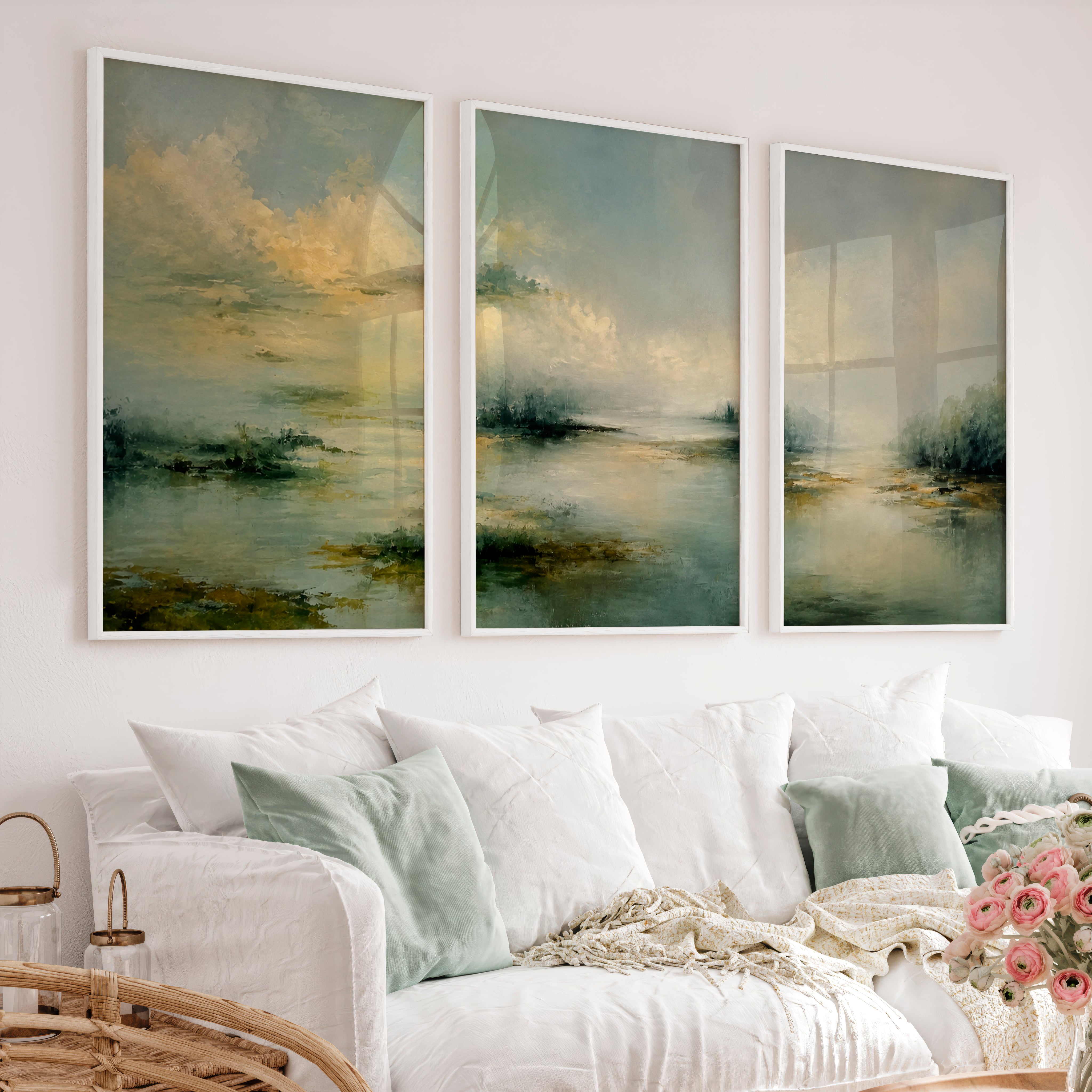 Lone Tree Lake Japandi Art Work - White Framed Poster No Border - Artworksets
