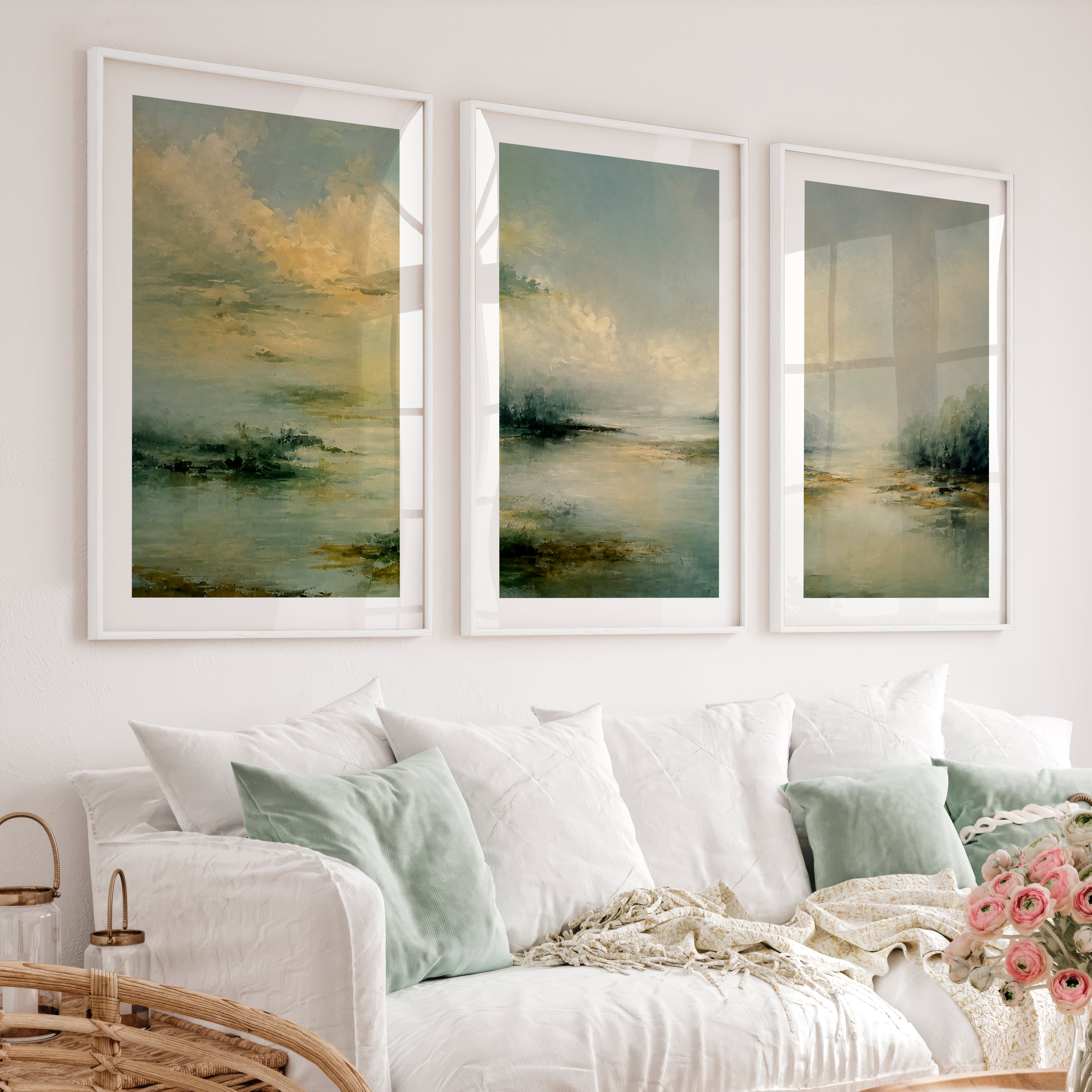 Lone Tree Lake Japandi Art Work - White Framed Poster with White Border - Artworksets
