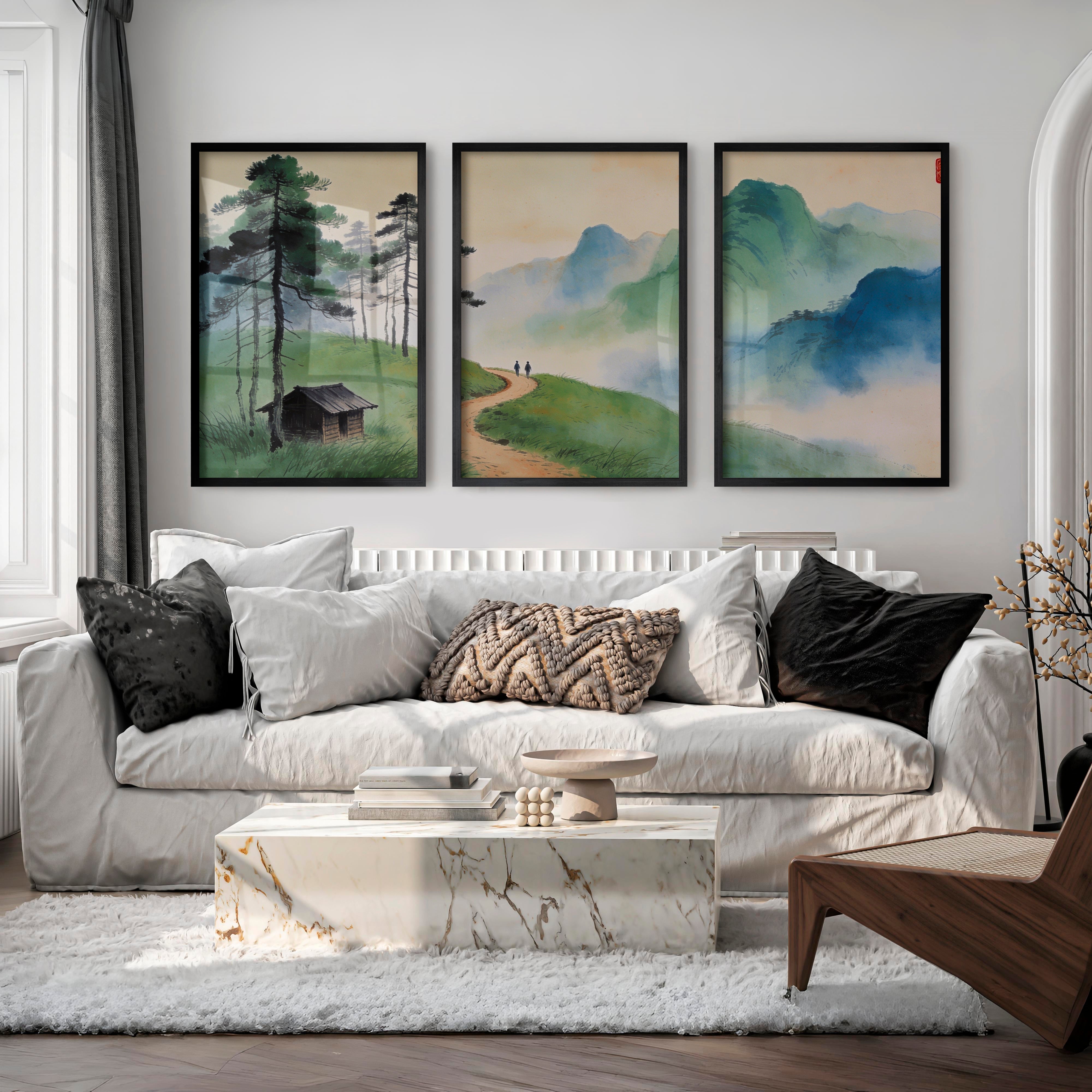 Mountain Path japandi art work with Pine Forest - Black Framed Poster No Border - Artworksets
