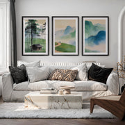 Mountain Path japandi art work with Pine Forest - Black Framed Poster with White Border - Artworksets