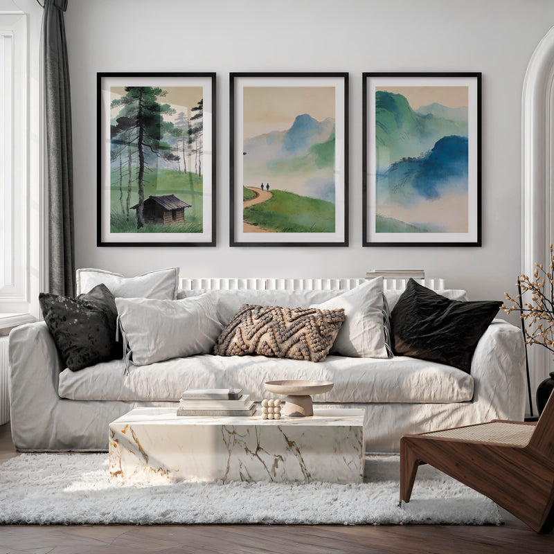 Mountain Path japandi art work with Pine Forest - Black Framed Poster with White Border - Artworksets