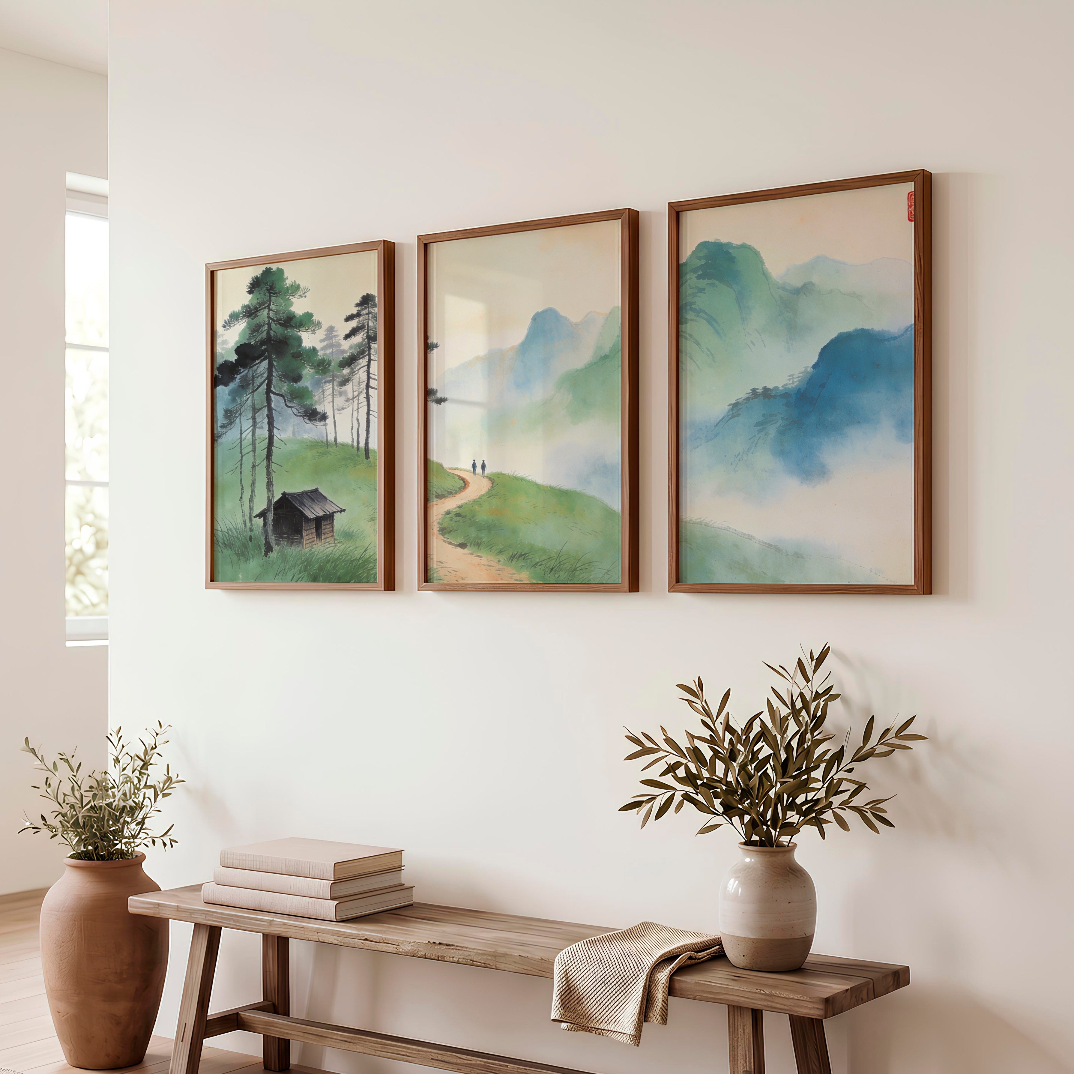 Mountain Path japandi art work with Pine Forest - Dark Brown Framed Poster No Border - Artworksets