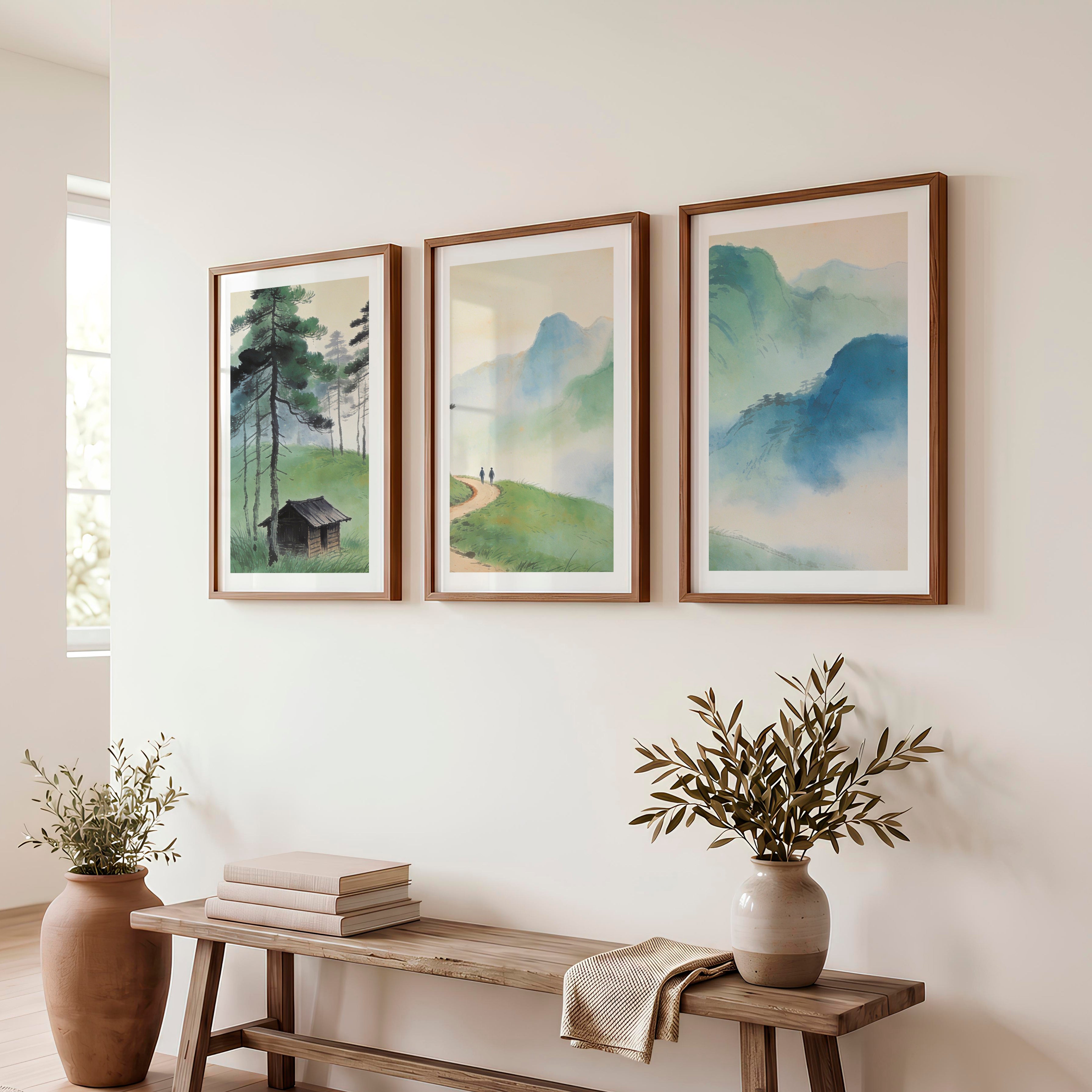 Mountain Path japandi art work with Pine Forest - Dark Brown Framed Poster with White Border - Artworksets