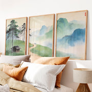 Mountain Path japandi art work with Pine Forest - Natural Wood Framed Poster No Border - Artworksets