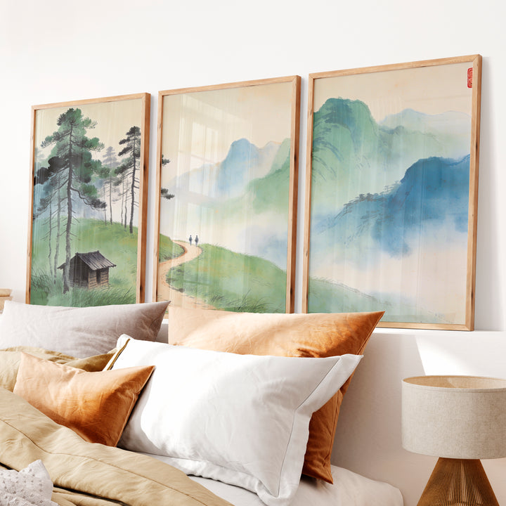 Mountain Path japandi art work with Pine Forest - Natural Wood Framed Poster No Border - Artworksets