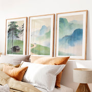 Mountain Path japandi art work with Pine Forest- Natural Wood Framed Poster with White Border - Artworksets