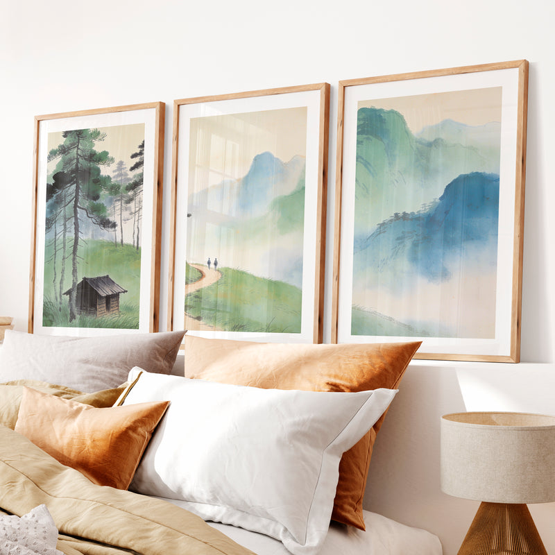 Mountain Path japandi art work with Pine Forest- Natural Wood Framed Poster with White Border - Artworksets