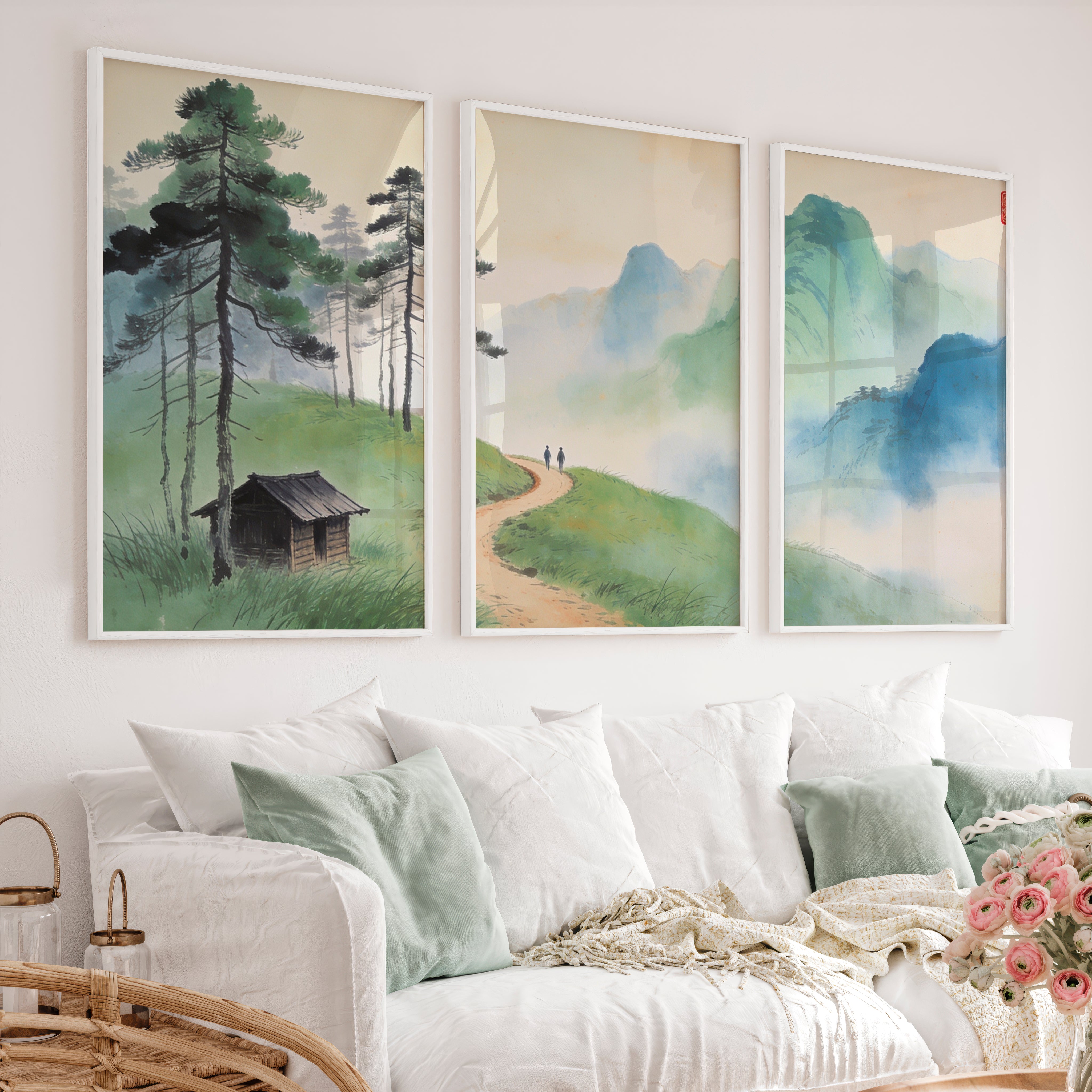 Mountain Path japandi art work with Pine Forest - White Framed Poster No Border - Artworksets
