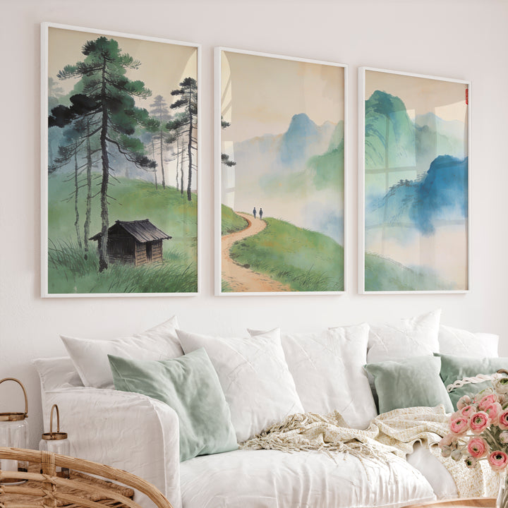 Mountain Path japandi art work with Pine Forest - White Framed Poster No Border - Artworksets