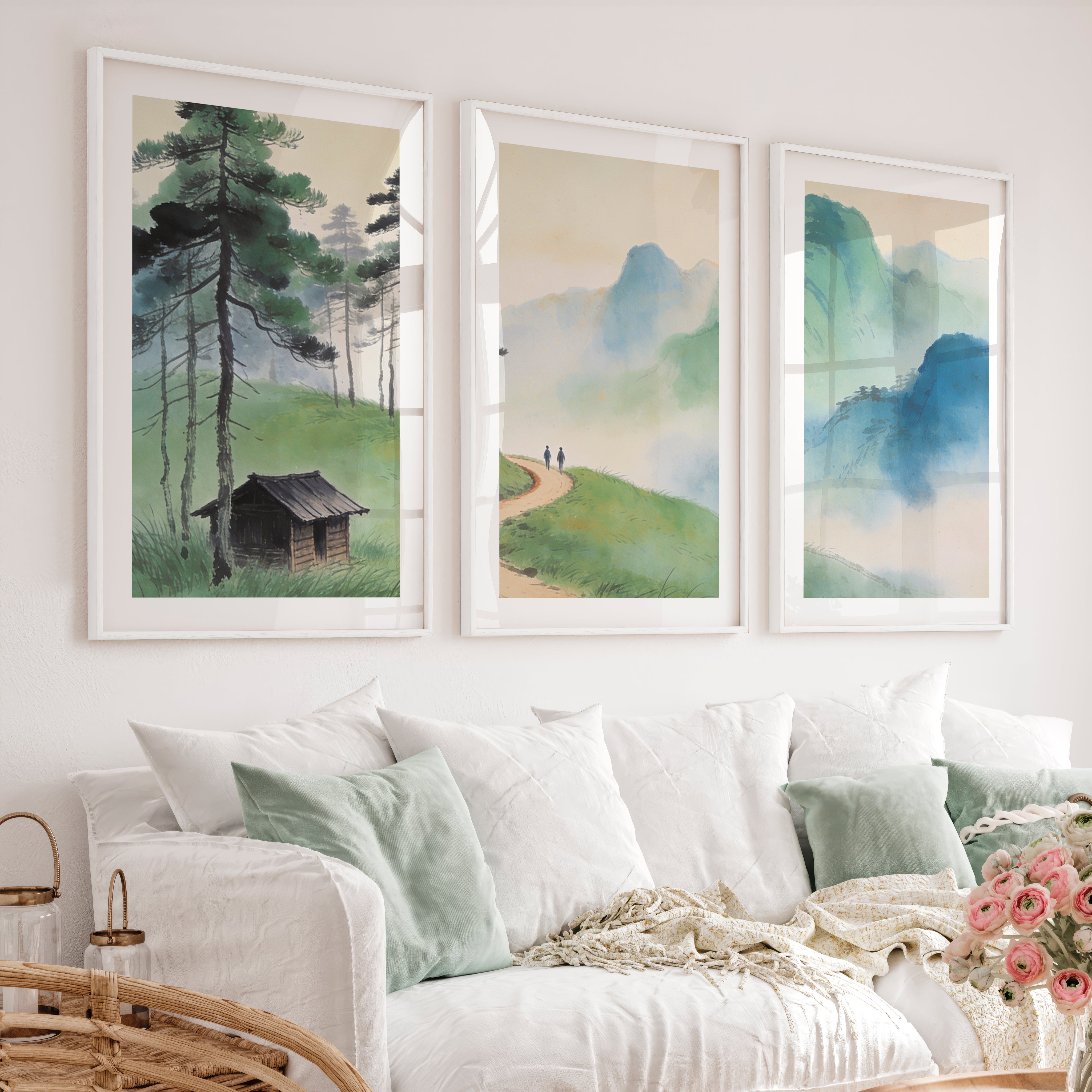 Mountain Path japandi art work with Pine Forest - White Framed Poster with White Border - Artworksets