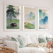 Mountain Path japandi art work with Pine Forest - White Framed Poster with White Border - Artworksets
