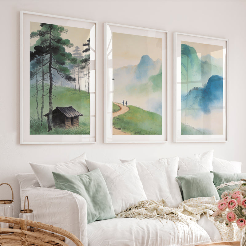 Mountain Path japandi art work with Pine Forest - White Framed Poster with White Border - Artworksets