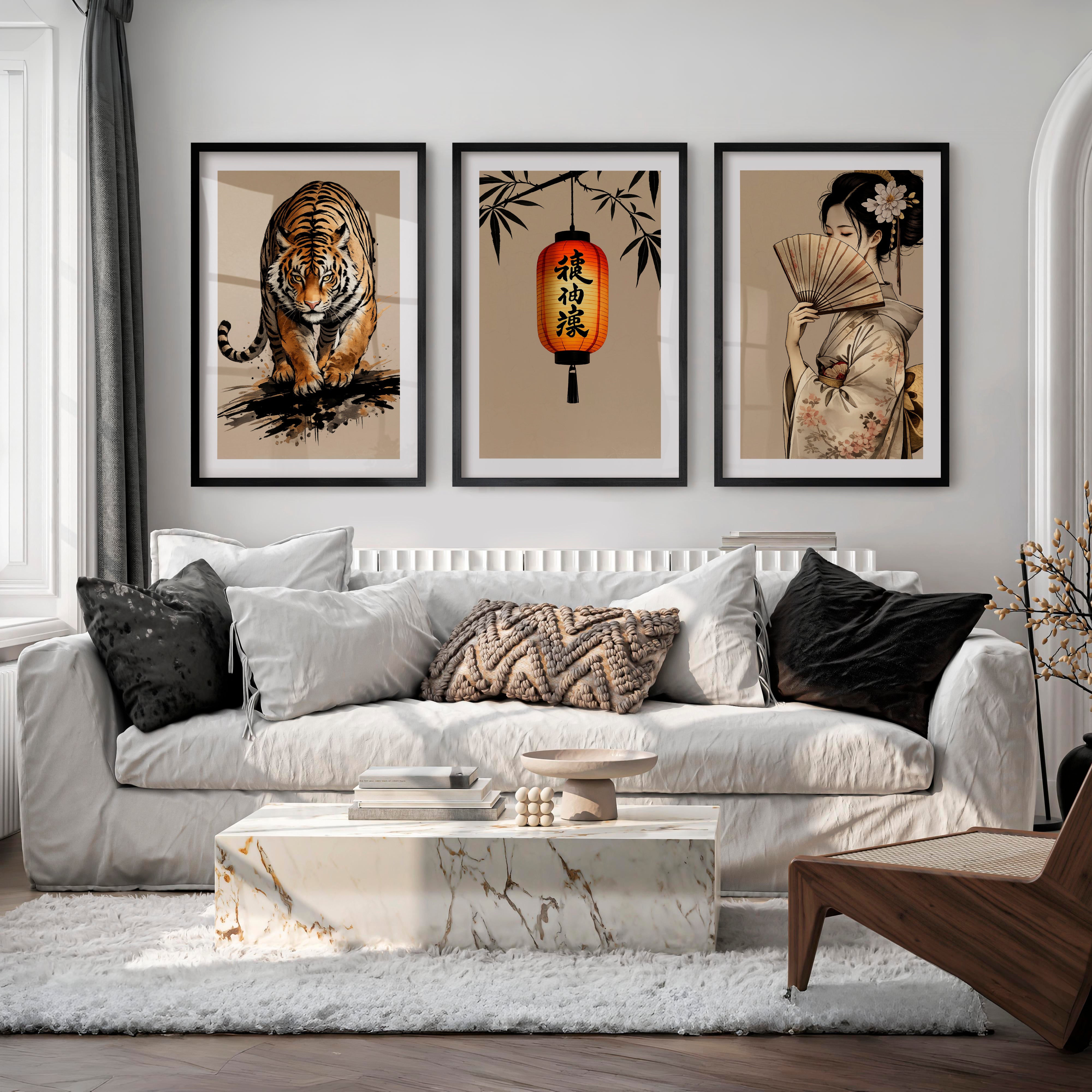 Tiger Lantern japandi art work Print - Black Framed Poster with White Border - Artworksets