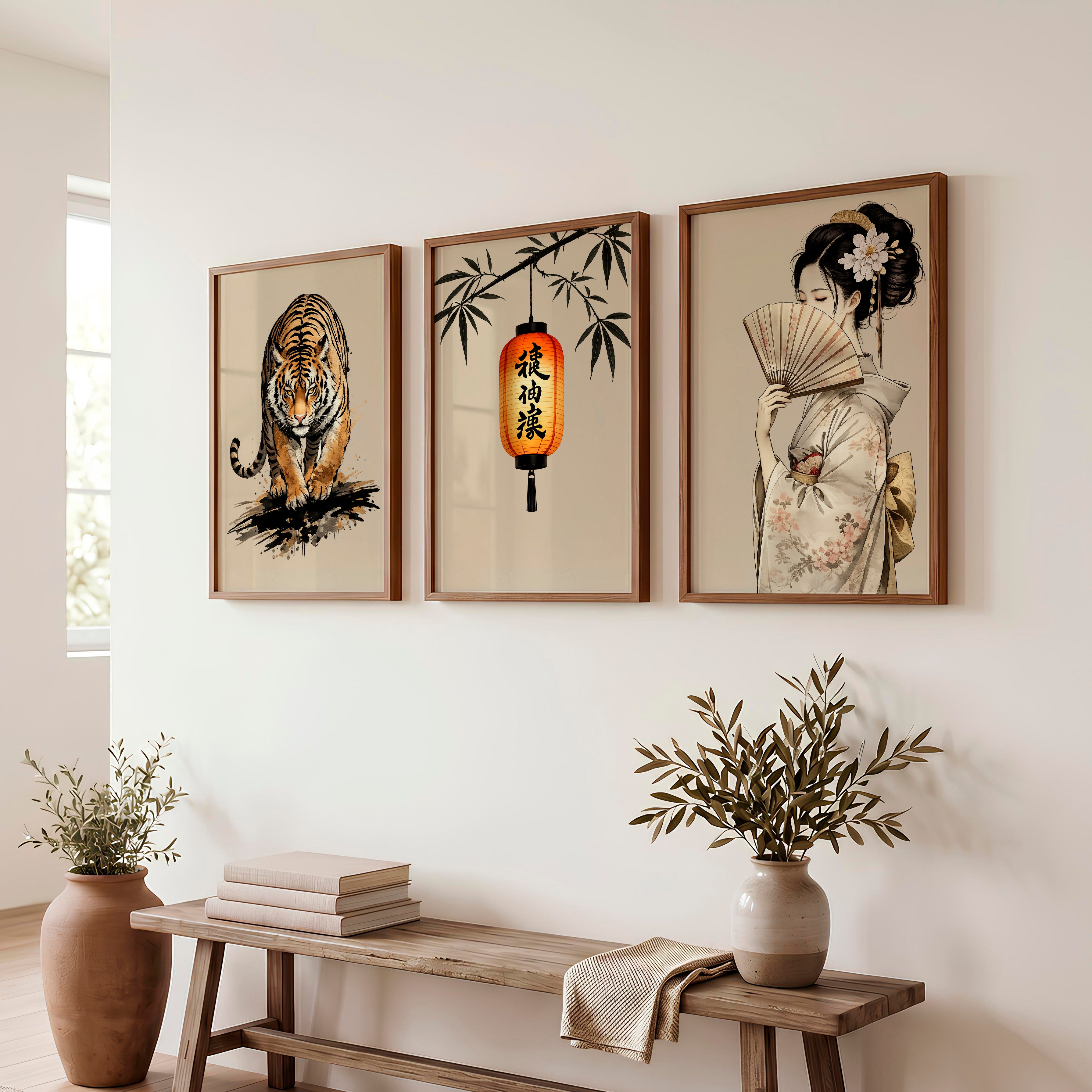 Tiger Lantern japandi art work Print - Dark Brown Framed Poster No Border - Artworksets