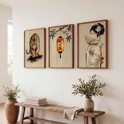Tiger Lantern japandi art work Print - Dark Brown Framed Poster No Border - Artworksets