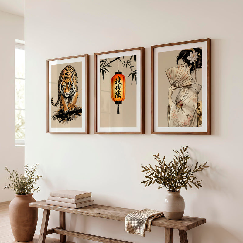 Tiger Lantern japandi art work Print - Dark Brown Framed Poster with White Border - Artworksets