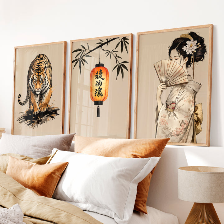 Tiger Lantern japandi art work Print - Natural Wood Framed Poster No Border - Artworksets