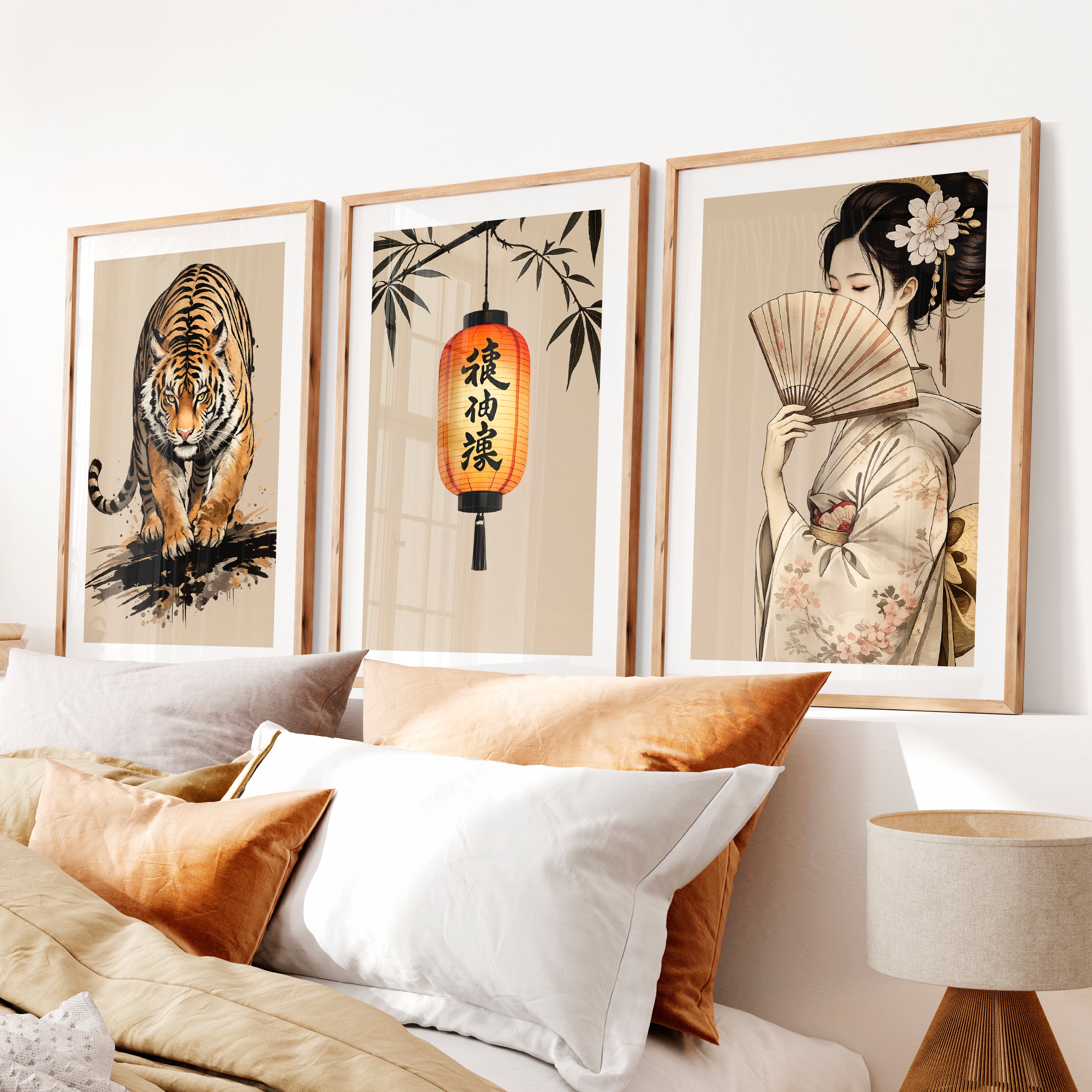 Tiger Lantern japandi art work Print- Natural Wood Framed Poster with White Border - Artworksets