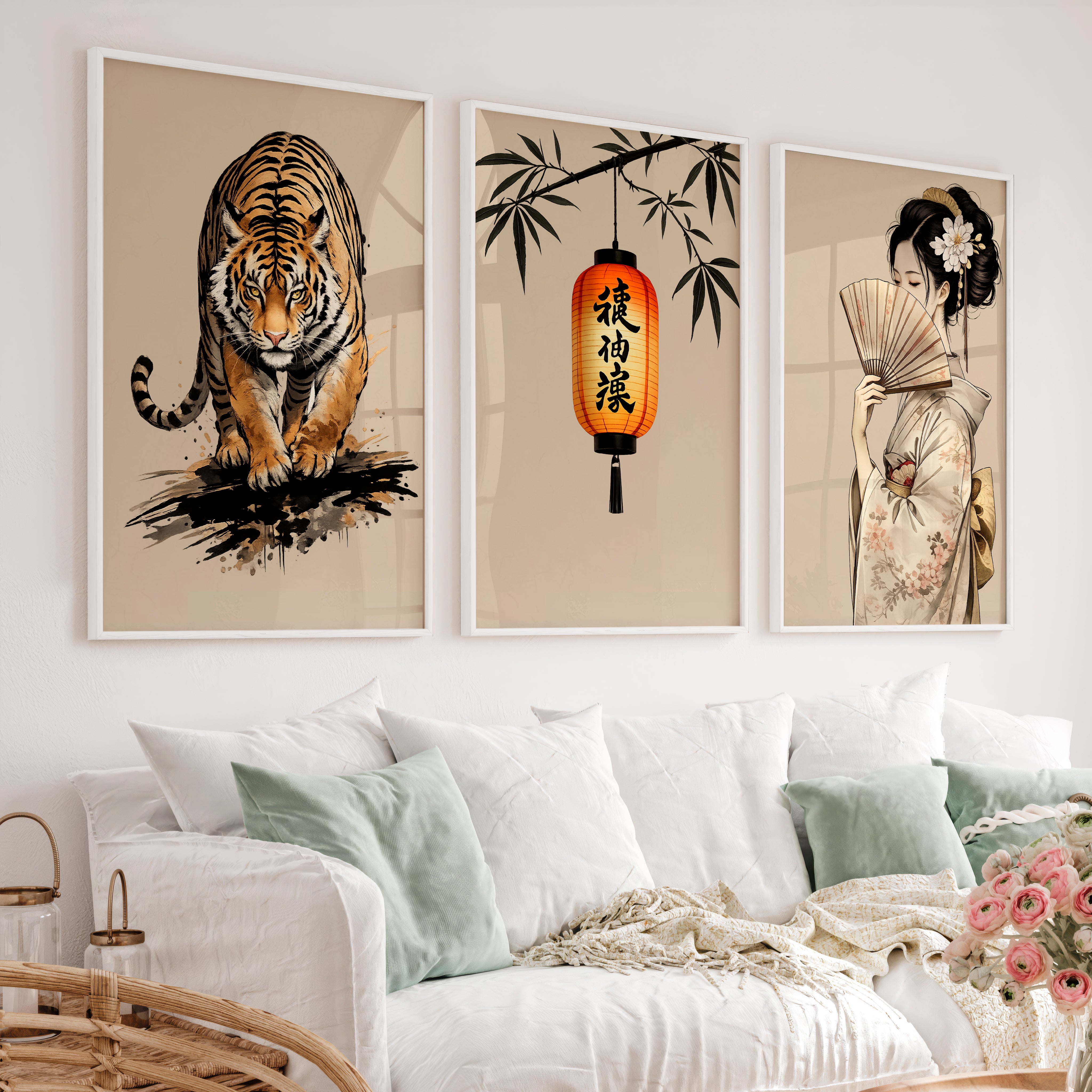 Tiger Lantern japandi art work Print - White Framed Poster No Border - Artworksets