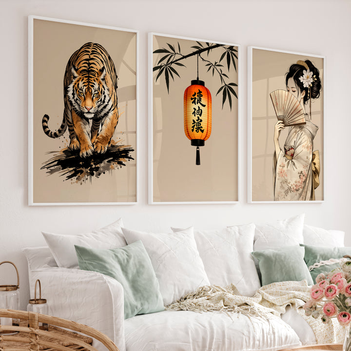 Tiger Lantern japandi art work Print - White Framed Poster No Border - Artworksets
