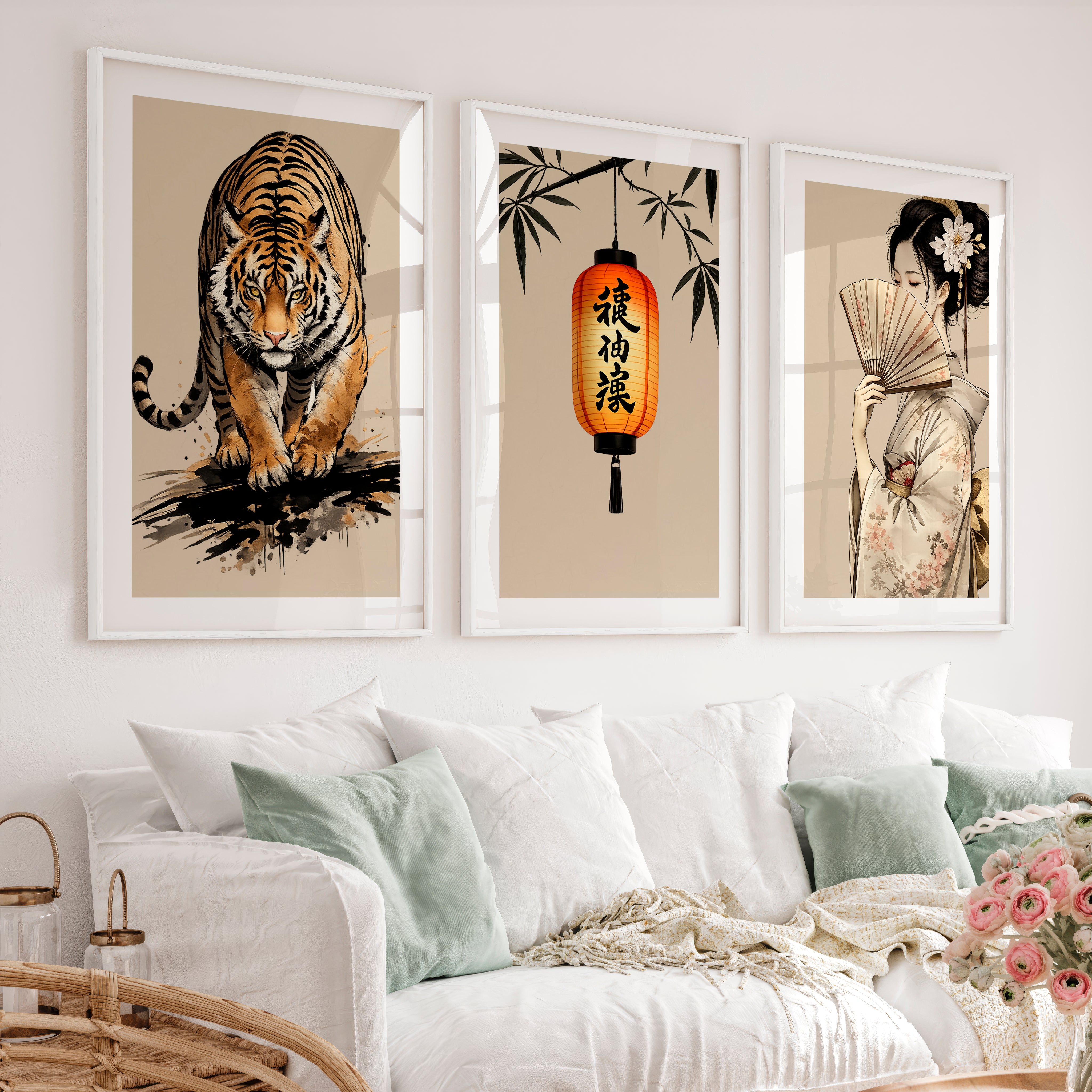Tiger Lantern japandi art work Print - White Framed Poster with White Border - Artworksets
