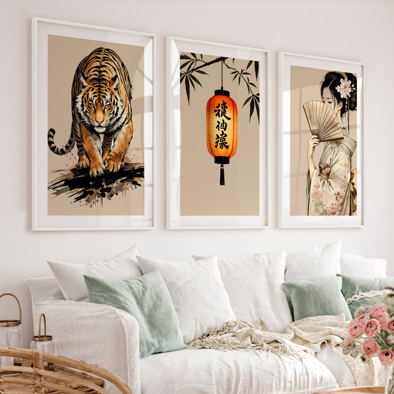 Tiger Lantern japandi art work Print - White Framed Poster with White Border - Artworksets