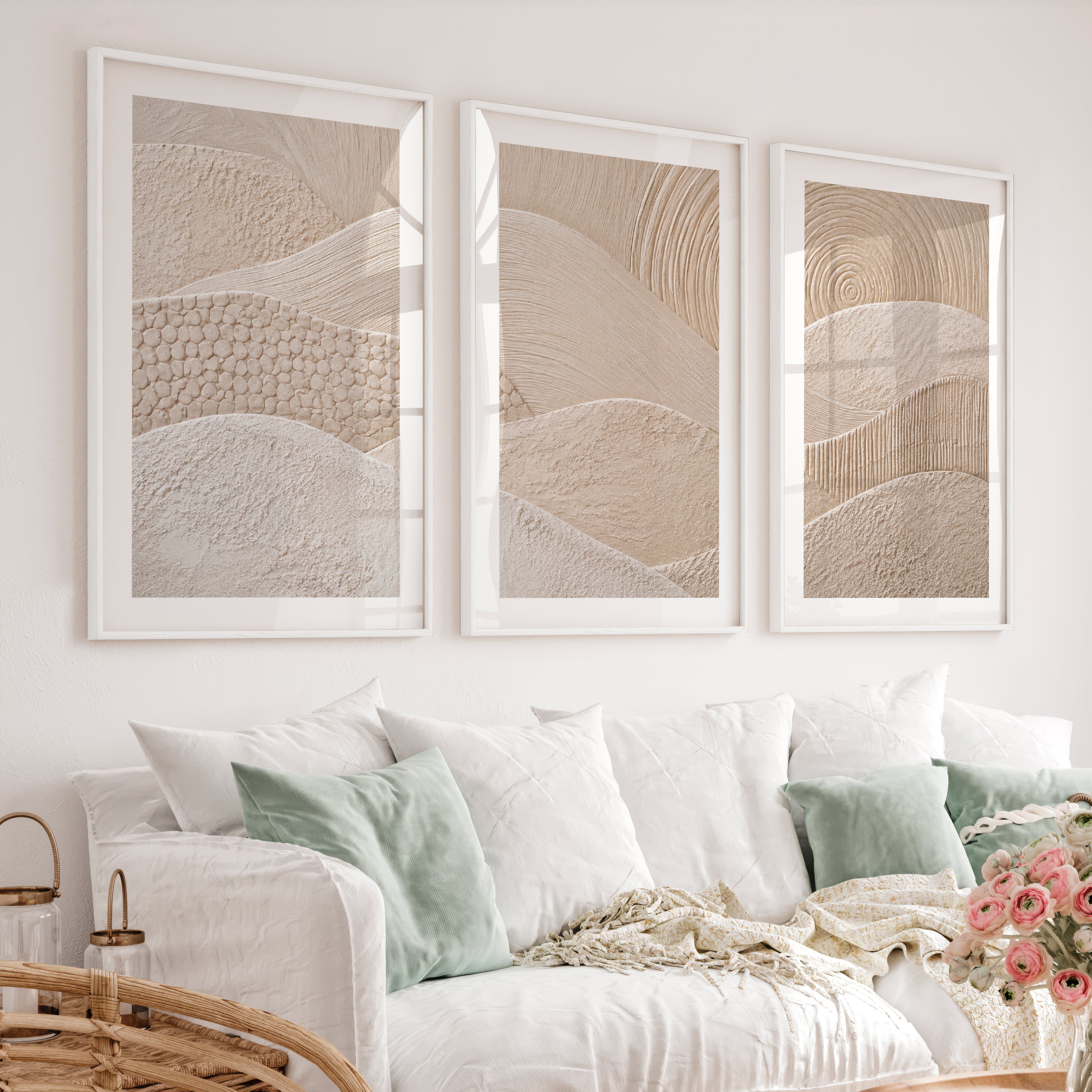 Woven Wave japandi art work - White Framed Poster with White Border - Artworksets