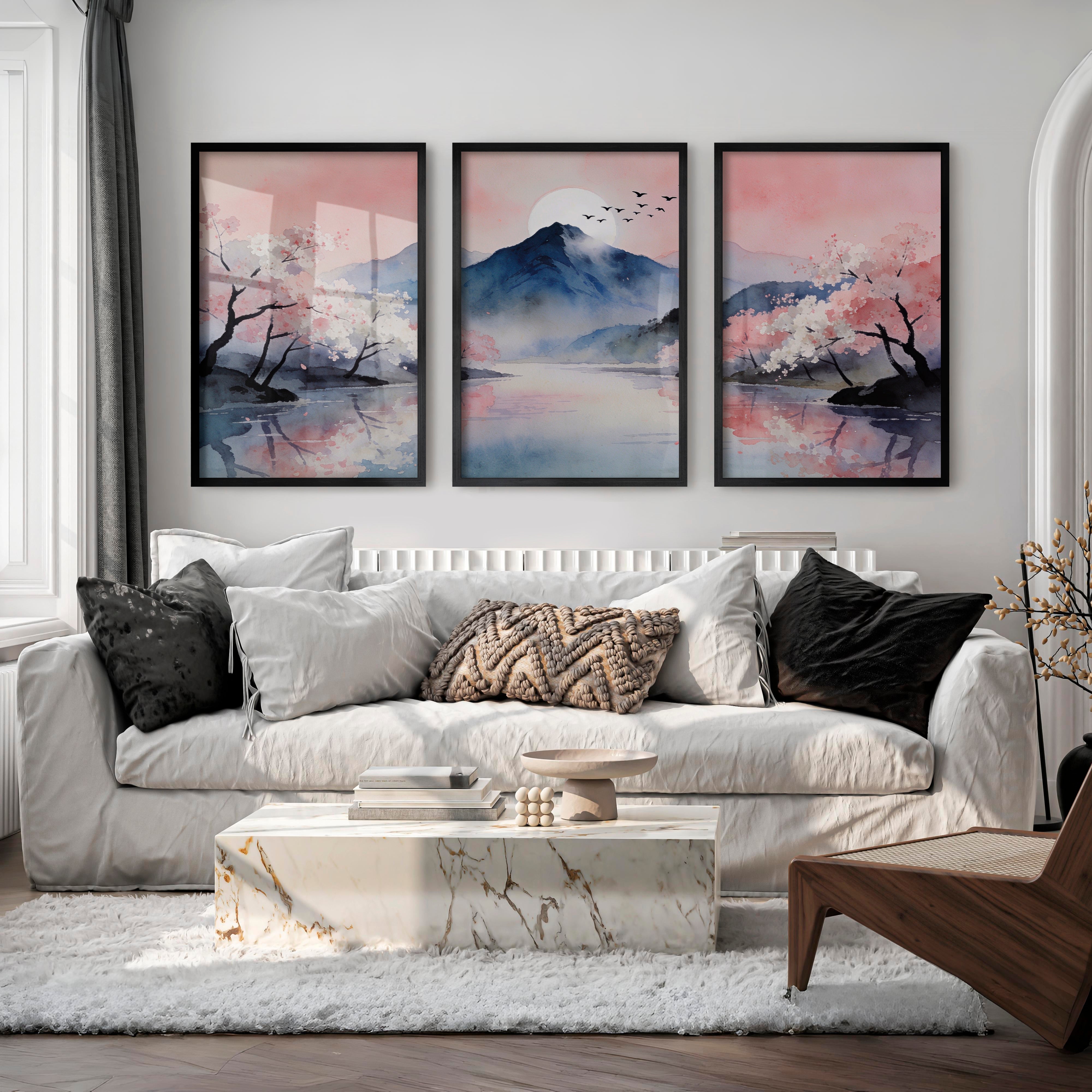Cherry Blossom Mountain japandi artwork - Black Framed Poster No Border - Artworksets