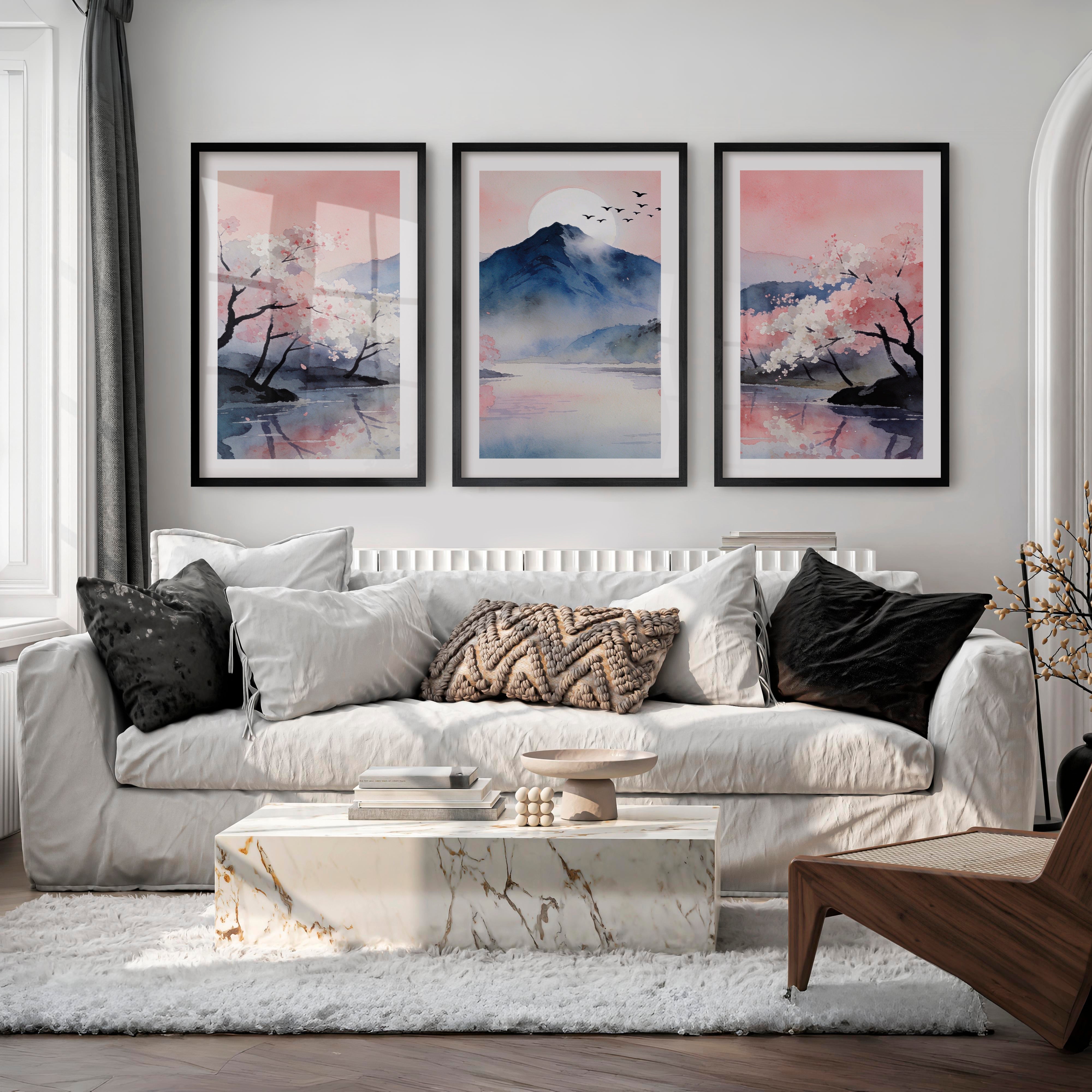 Cherry Blossom Mountain japandi artwork - Black Framed Poster with White Border - Artworksets