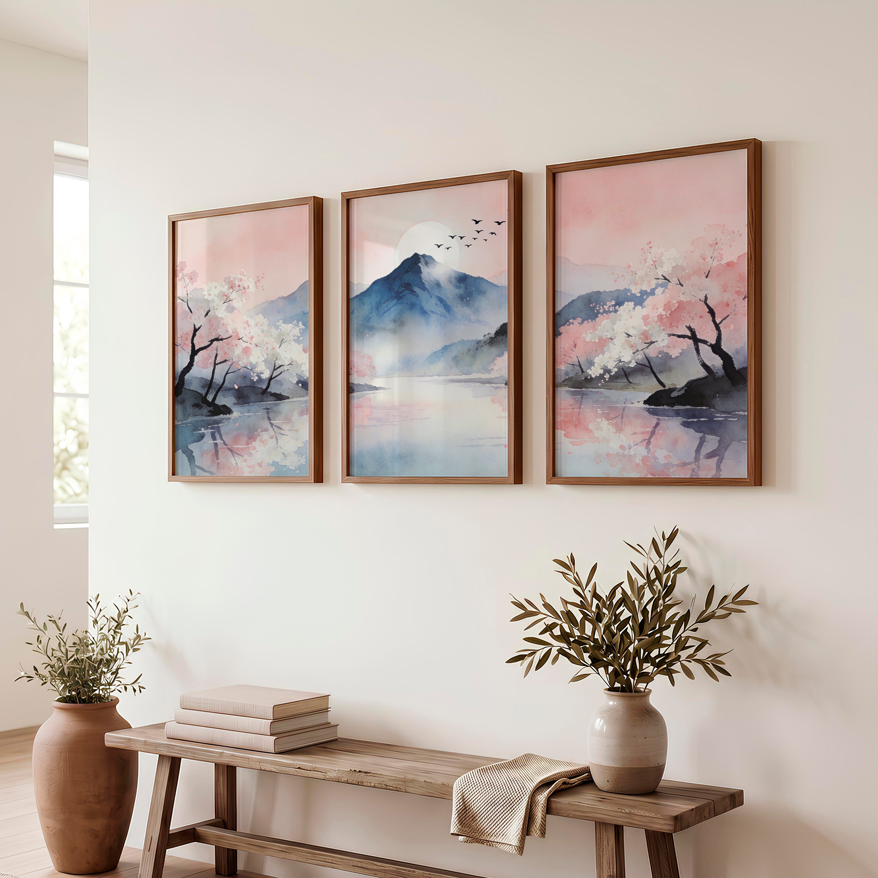 Cherry Blossom Mountain japandi artwork - Dark Brown Framed Poster No Border - Artworksets