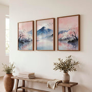 Cherry Blossom Mountain japandi artwork - Dark Brown Framed Poster No Border - Artworksets