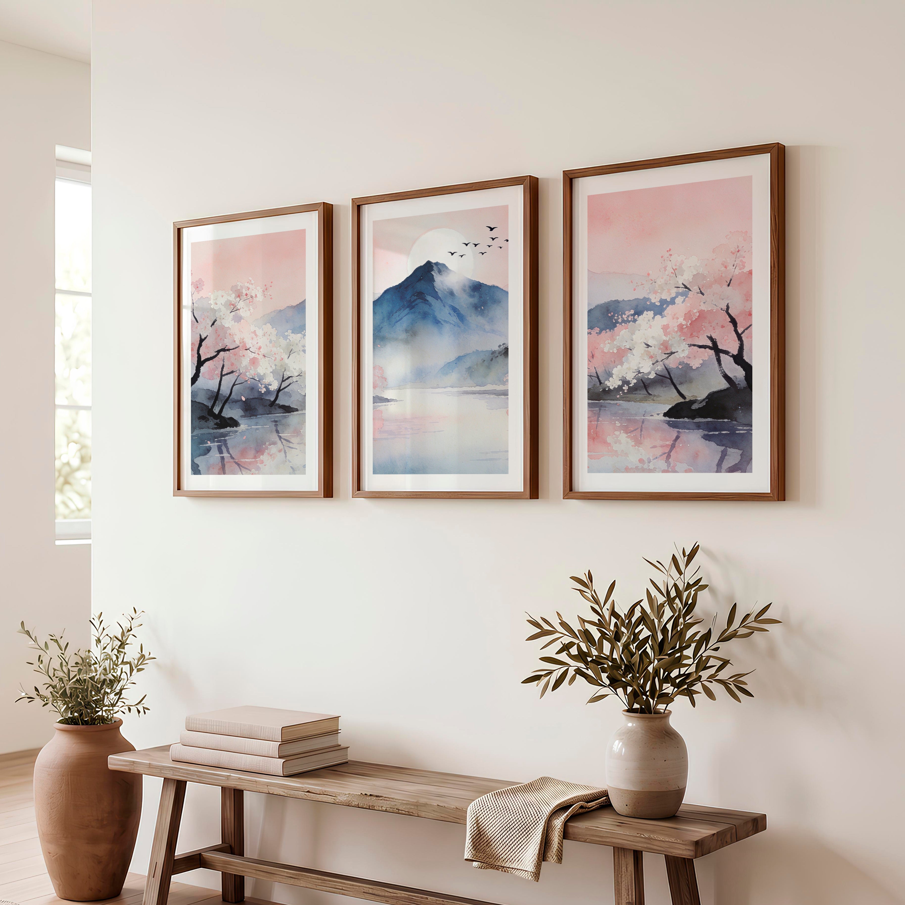 Cherry Blossom Mountain japandi artwork - Dark Brown Framed Poster with White Border - Artworksets