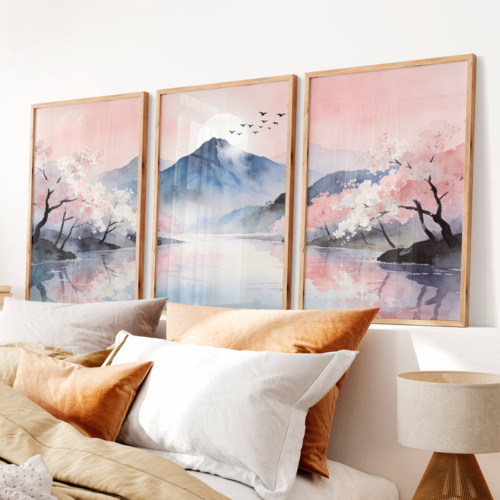 Cherry Blossom Mountain japandi artwork - Natural Wood Framed Poster No Border - Artworksets