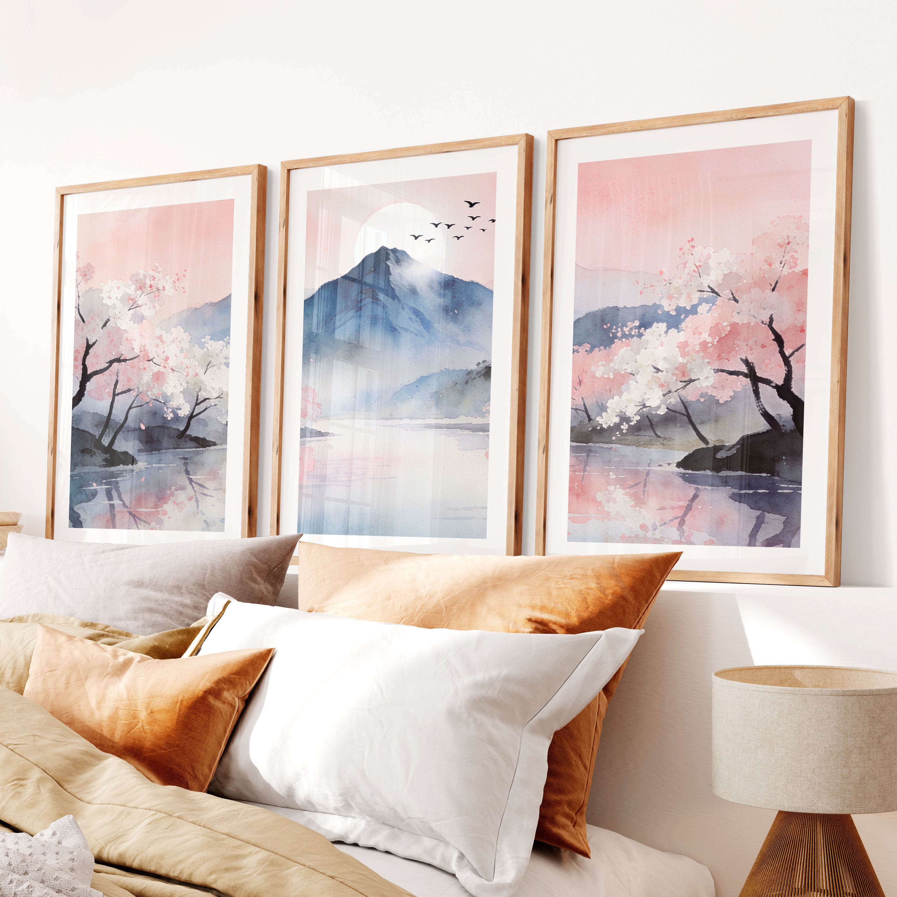 Cherry Blossom Mountain japandi artwork- Natural Wood Framed Poster with White Border - Artworksets