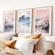 Cherry Blossom Mountain japandi artwork- Natural Wood Framed Poster with White Border - Artworksets