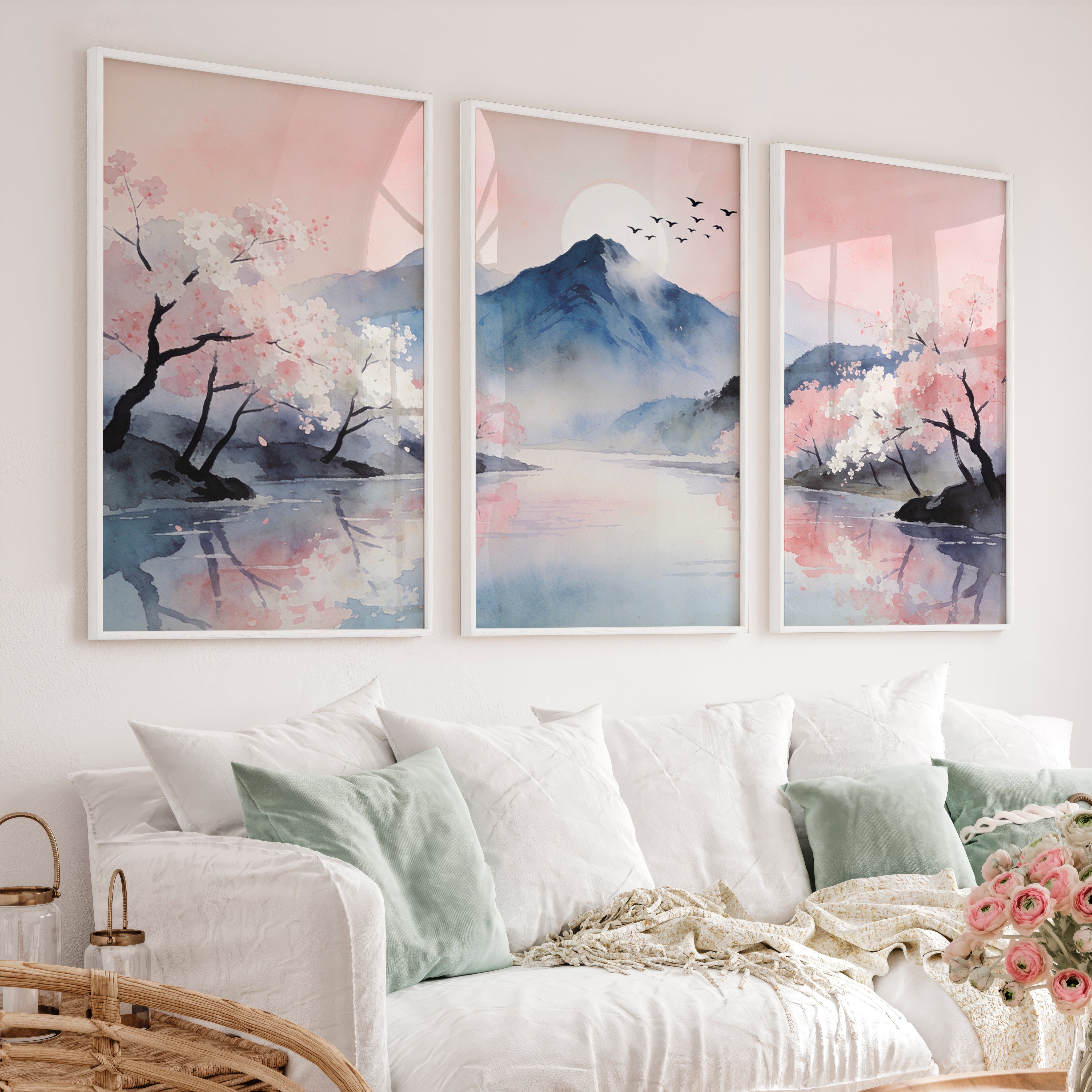 Cherry Blossom Mountain japandi artwork - White Framed Poster No Border - Artworksets