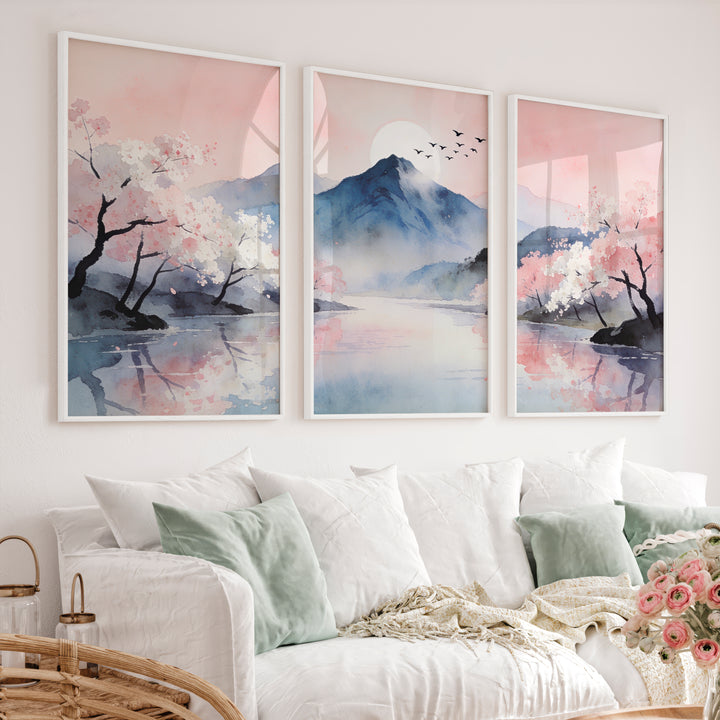 Cherry Blossom Mountain japandi artwork - White Framed Poster No Border - Artworksets
