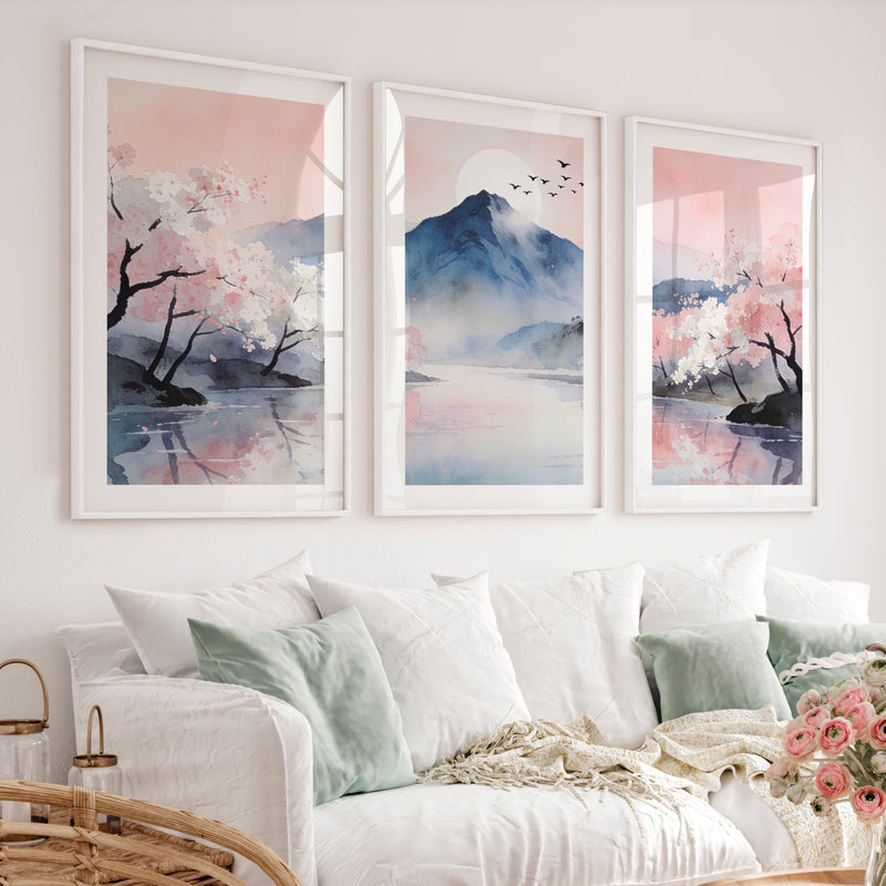 Cherry Blossom Mountain japandi artwork - White Framed Poster with White Border - Artworksets