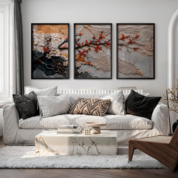 Lotus Relief japandi artwork with Berry Branch - Black Framed Poster No Border - Artworksets