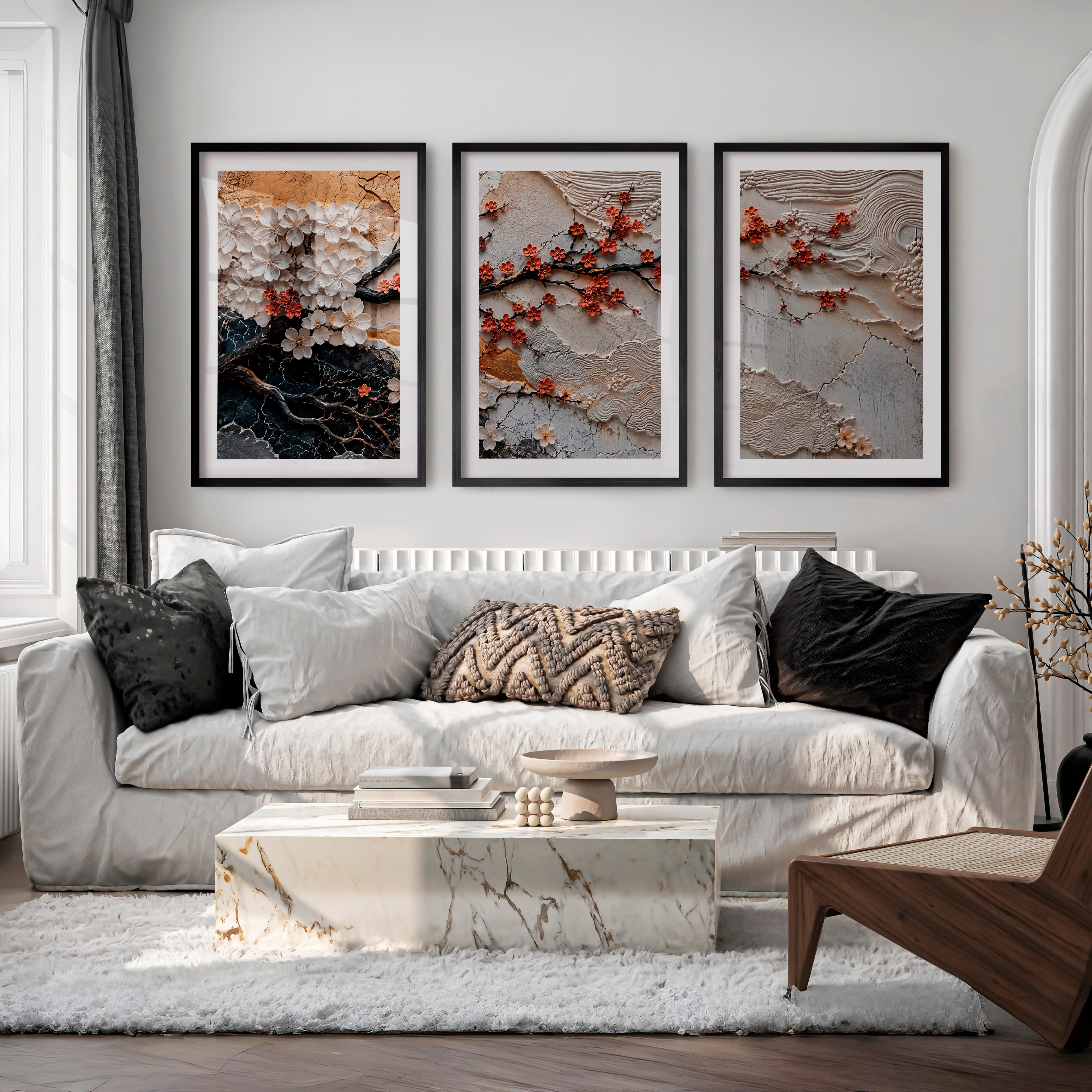 Lotus Relief japandi artwork with Berry Branch - Black Framed Poster with White Border - Artworksets