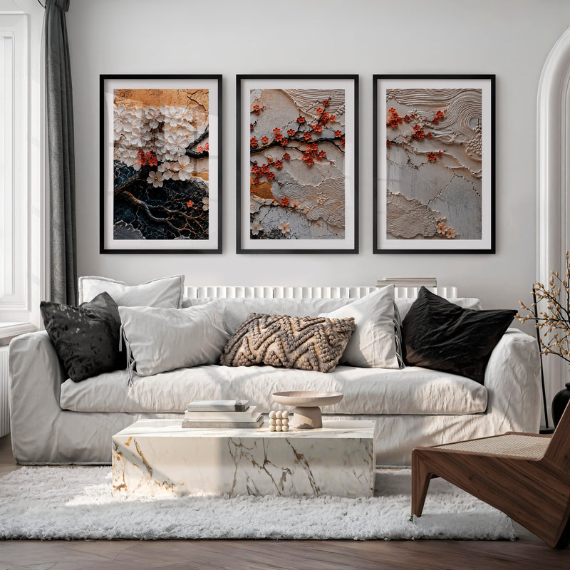 Lotus Relief japandi artwork with Berry Branch - Black Framed Poster with White Border - Artworksets