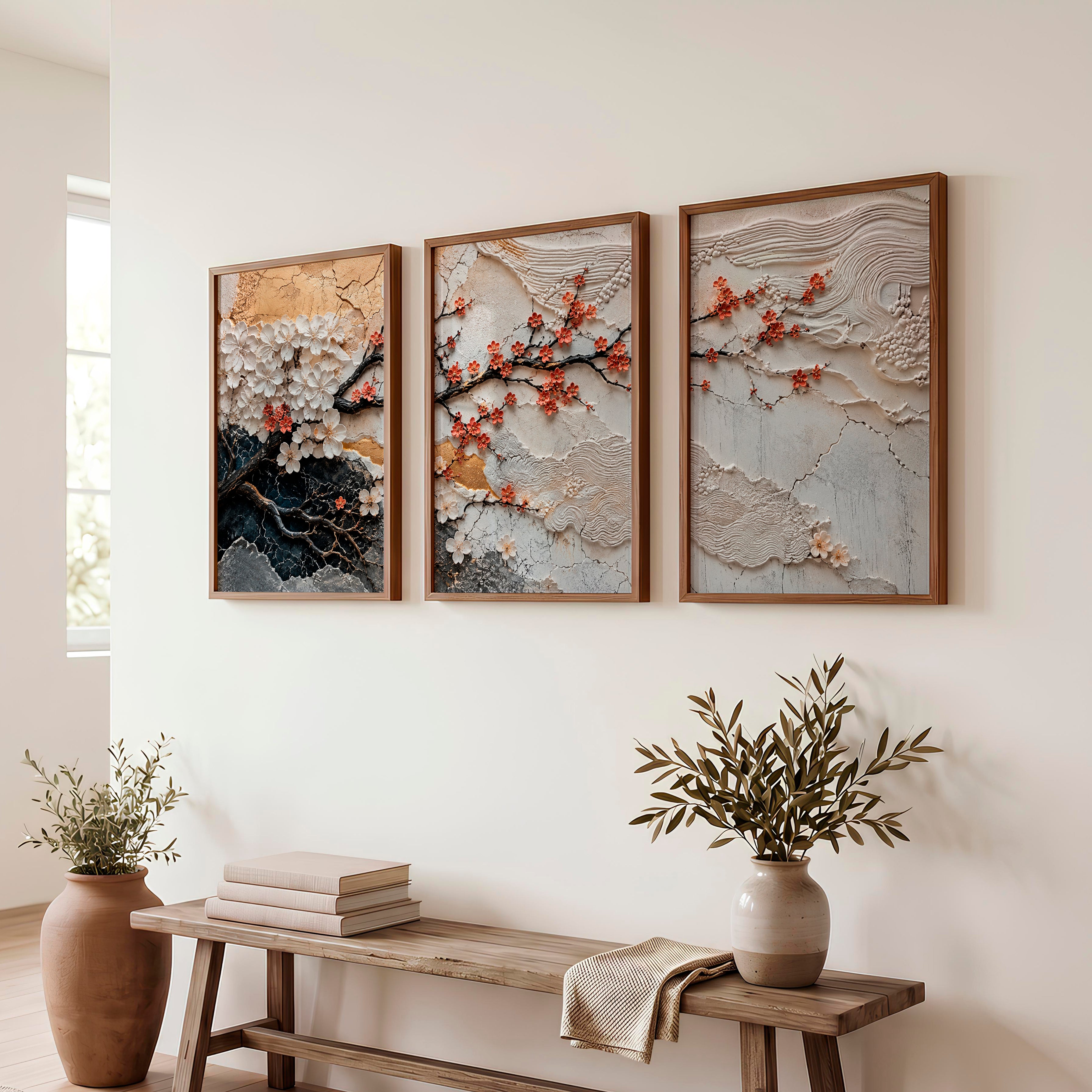Lotus Relief japandi artwork with Berry Branch - Dark Brown Framed Poster No Border - Artworksets