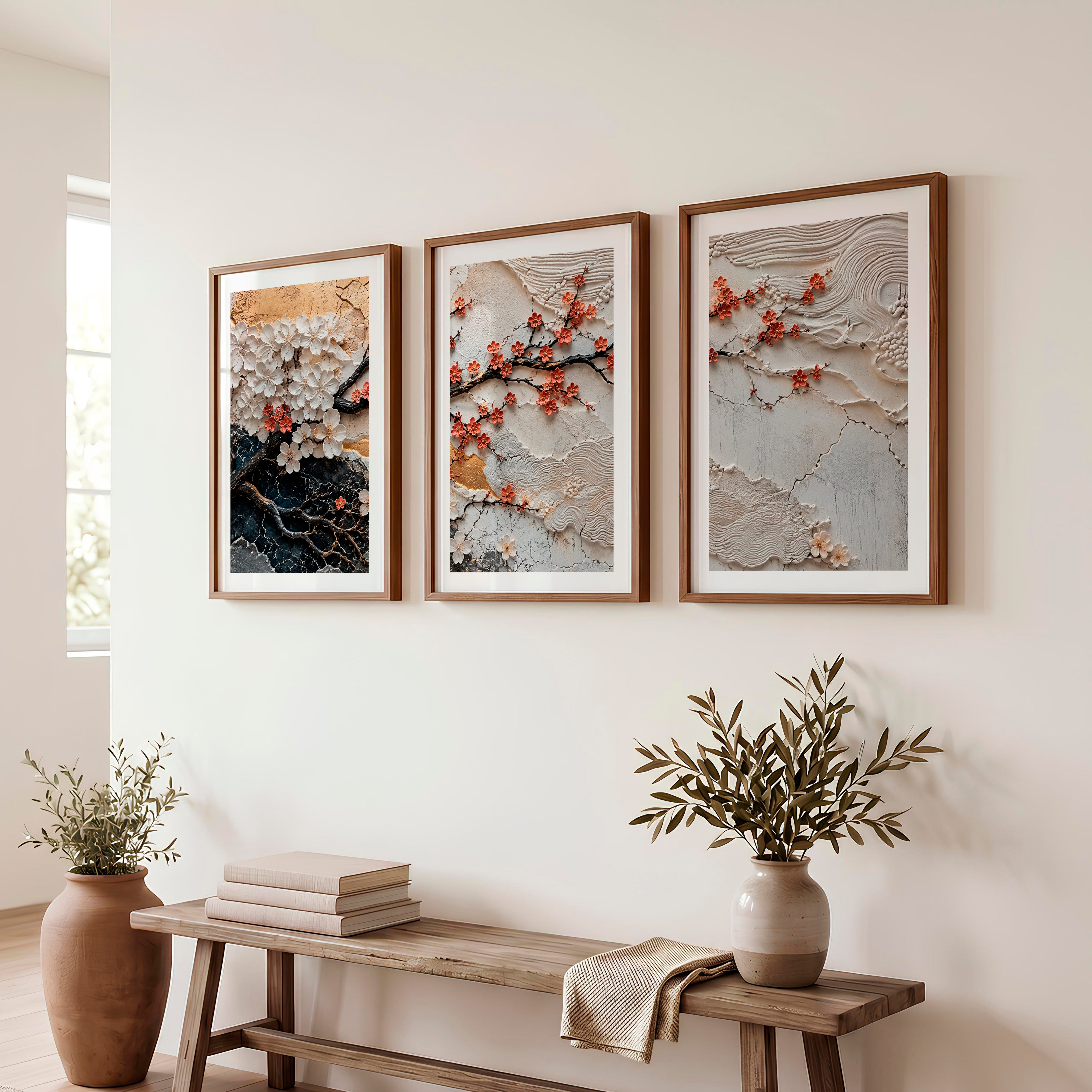 Lotus Relief japandi artwork with Berry Branch - Dark Brown Framed Poster with White Border - Artworksets