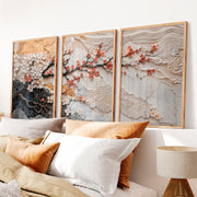 Lotus Relief japandi artwork with Berry Branch - Natural Wood Framed Poster No Border - Artworksets