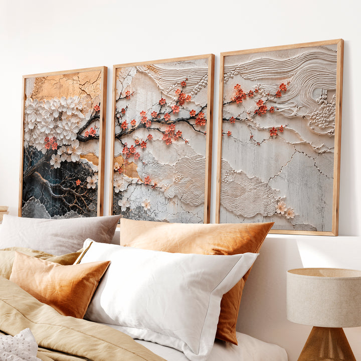 Lotus Relief japandi artwork with Berry Branch - Natural Wood Framed Poster No Border - Artworksets