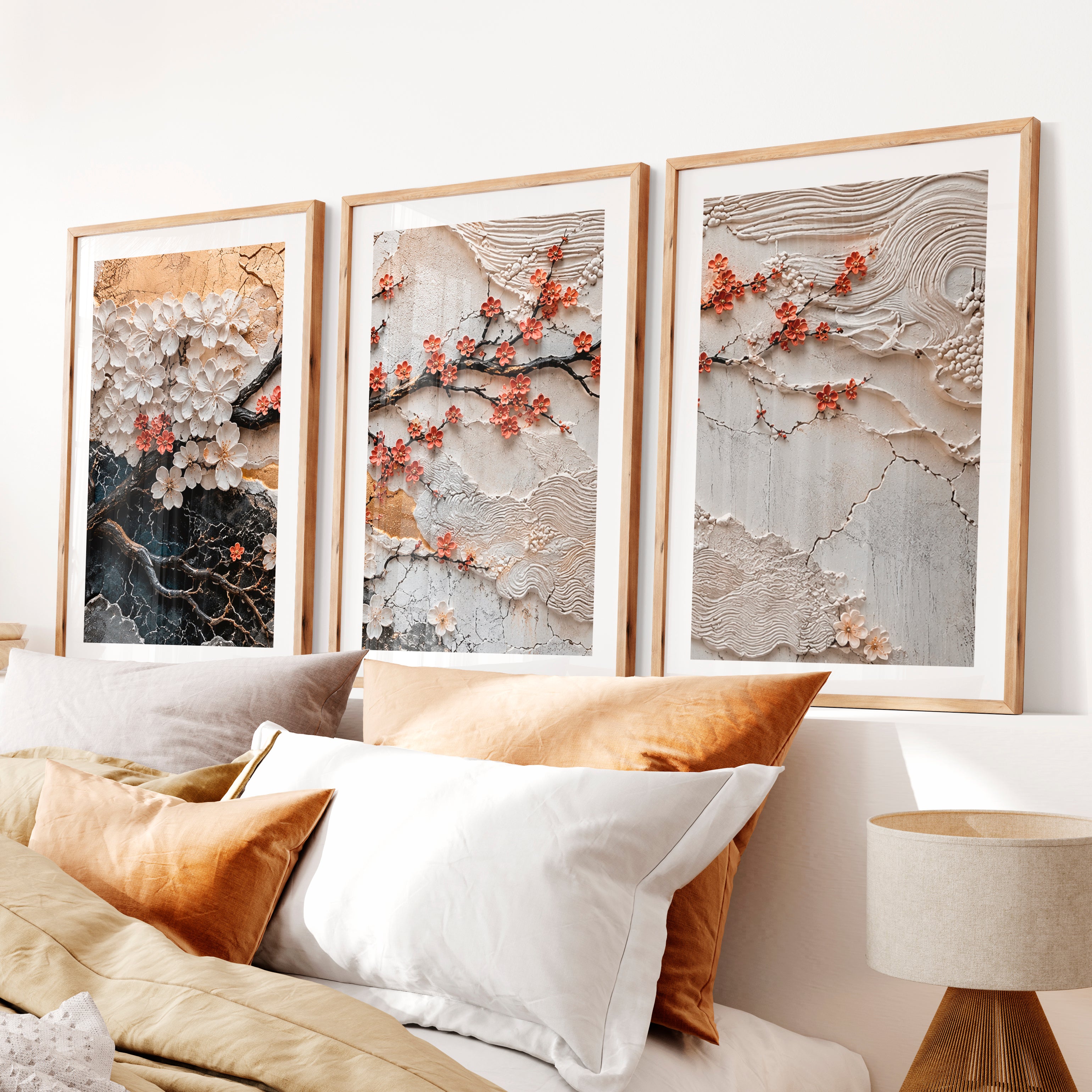 Lotus Relief japandi artwork with Berry Branch- Natural Wood Framed Poster with White Border - Artworksets