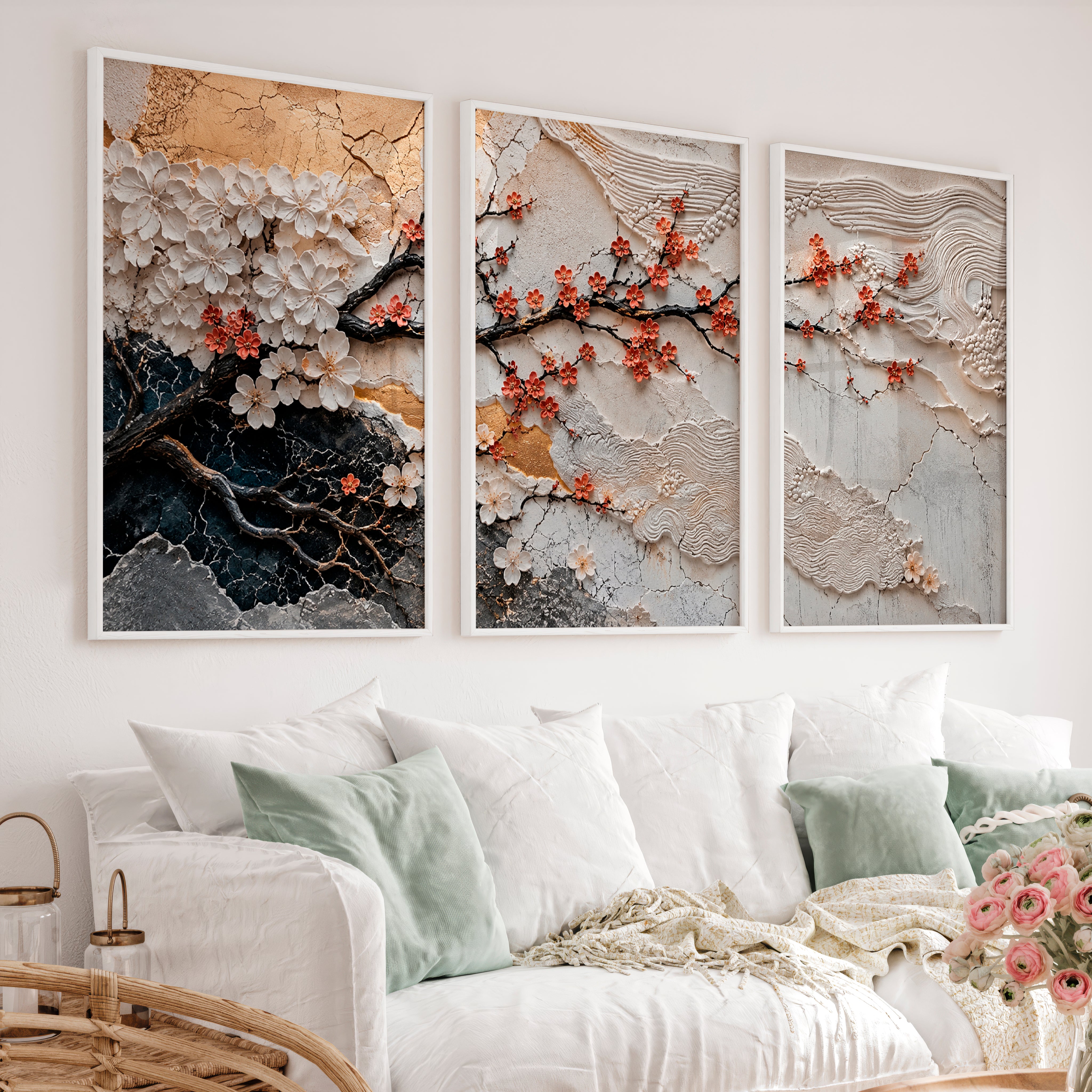 Lotus Relief japandi artwork with Berry Branch - White Framed Poster No Border - Artworksets