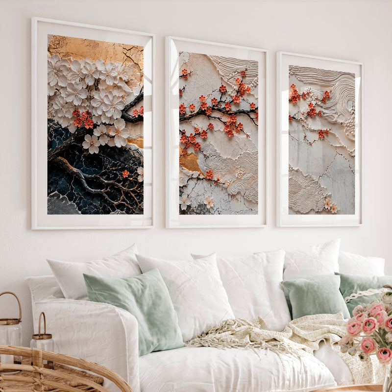 Lotus Relief japandi artwork with Berry Branch - White Framed Poster with White Border - Artworksets